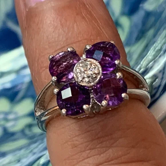 -Sterling Amethyst Floral Ring | Size 5 | Celestial Luxe Sparkle - Picture 12 of 14